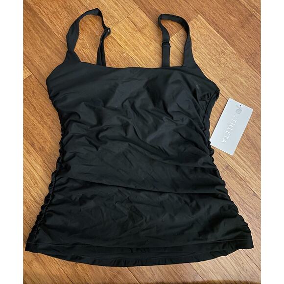 NWT ATHLETA Square Neck Bra Cup 34 B/C‎ Tall Tankini Top Black Ruching $74! - Picture 3 of 5